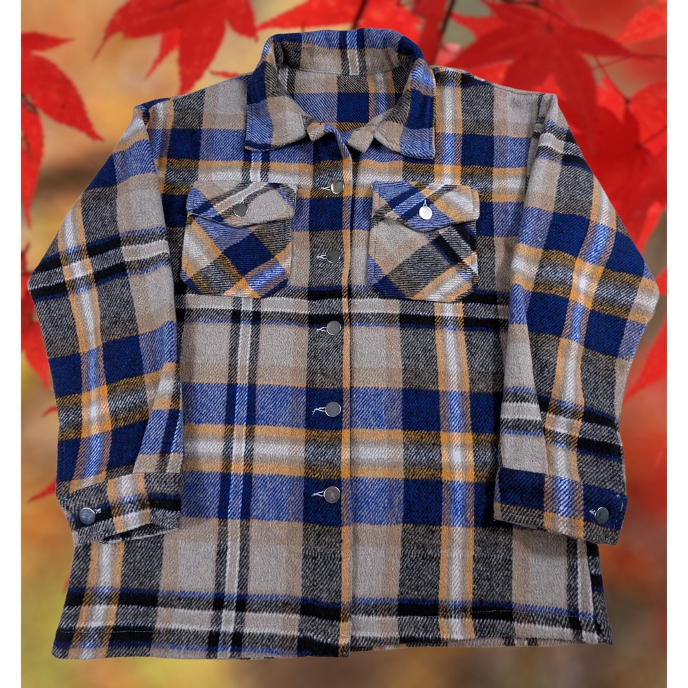 Dokotoo Sz M Women Slub Yarn soft and fuzzy Flannel Plaid Shacket Blue Tan Sz M